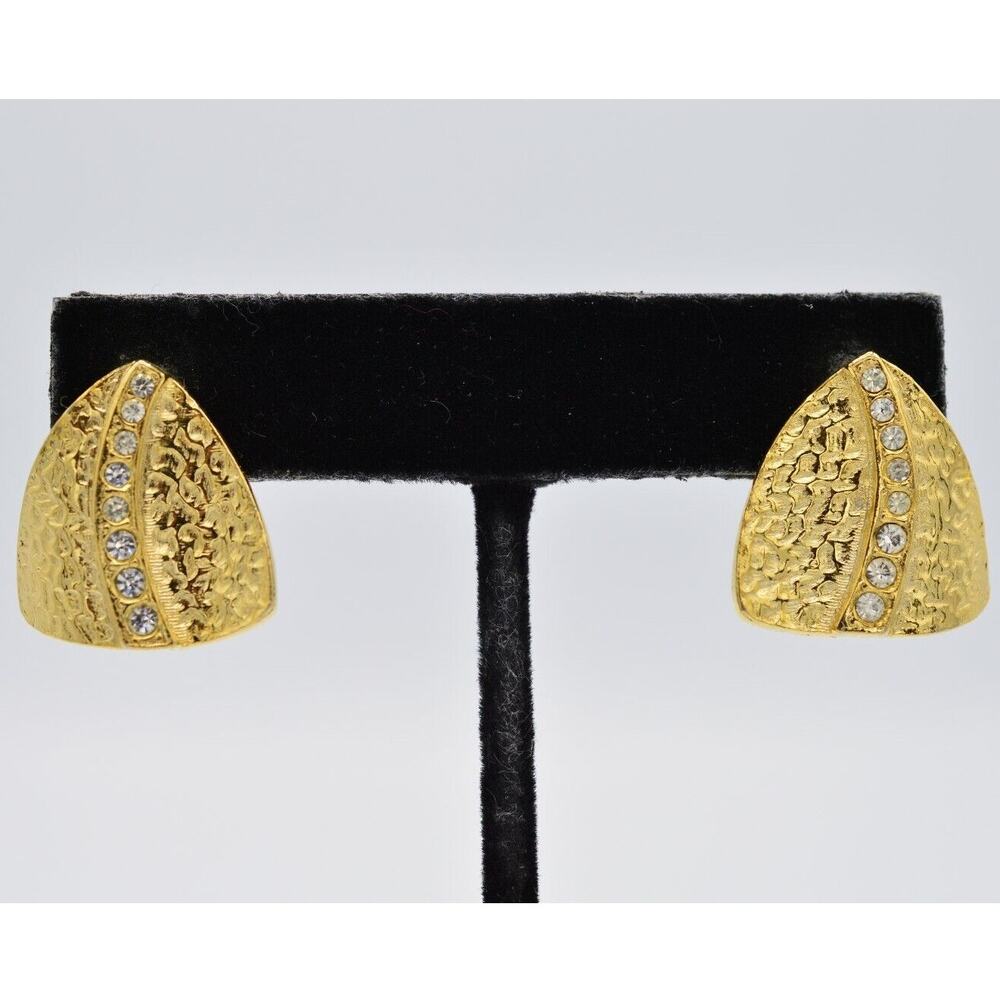 Vintage Pierced Earrings Brushed Gold Textured Rhinestone Shiny NOS 1980s BinAA